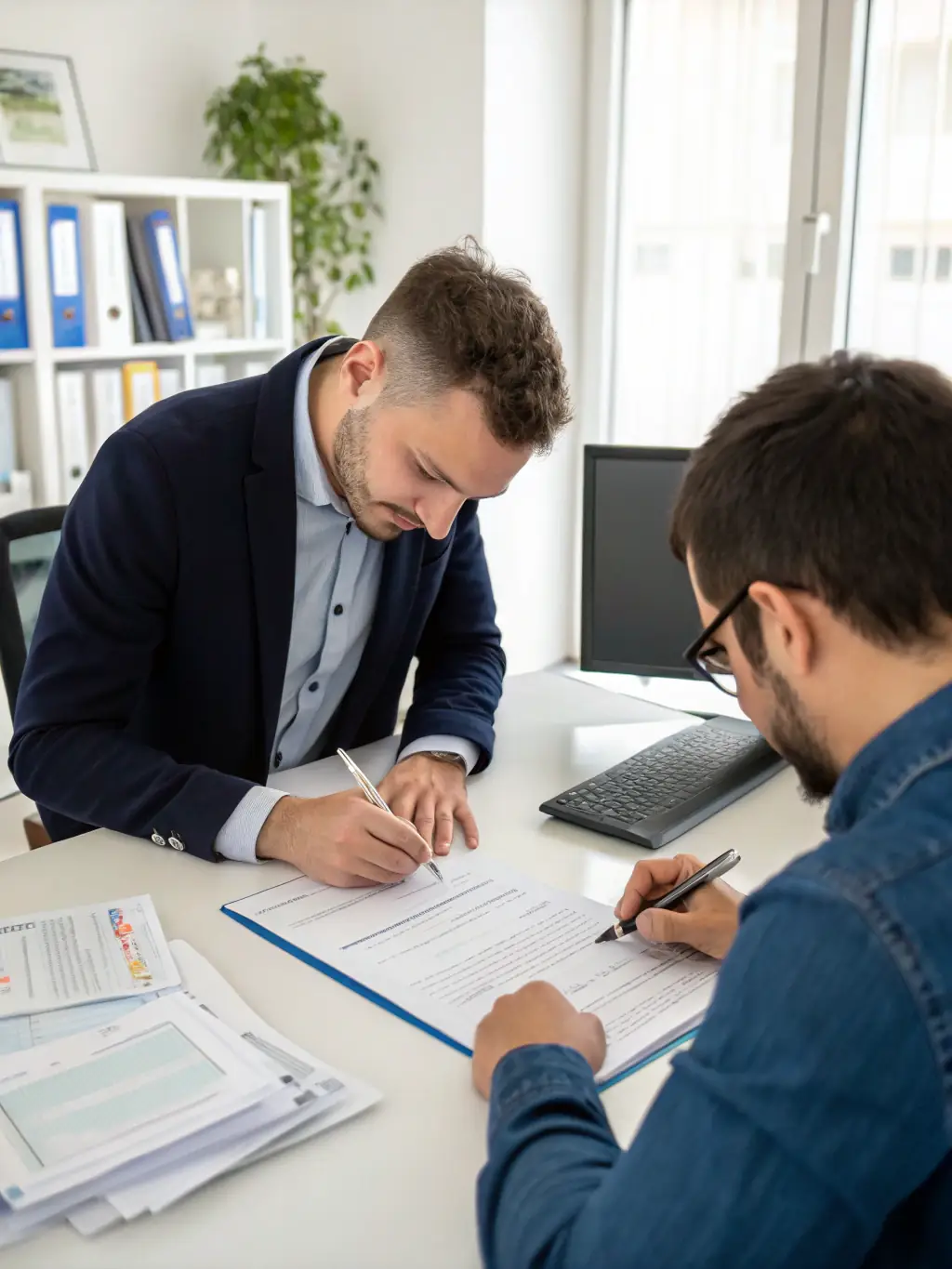 An immigration consultant reviewing visa documents with a client in an office setting, focusing on the documents and the professional environment.