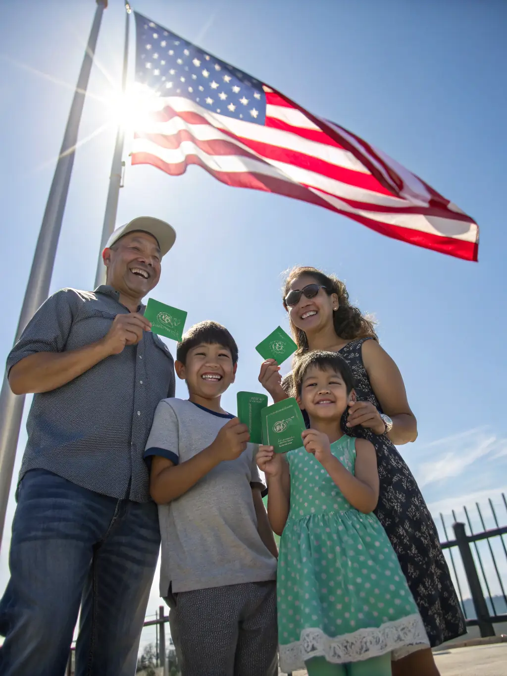 A happy family holding their green cards with a consultant in the background, symbolizing successful residency applications.