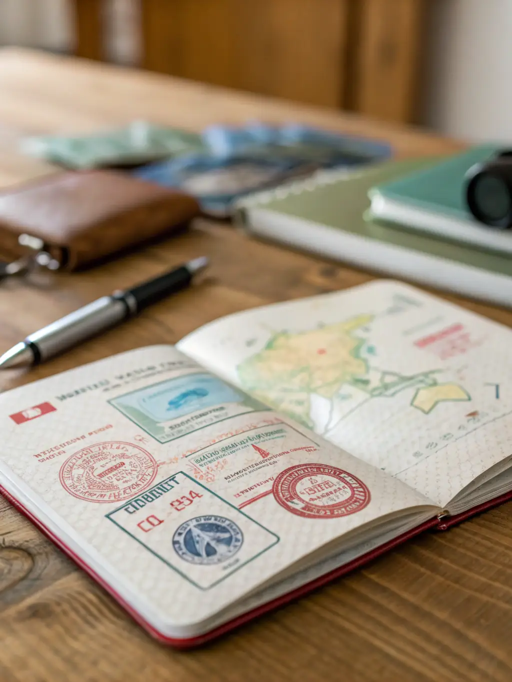 A professional photo of a passport with various visa stamps, symbolizing international travel and immigration.